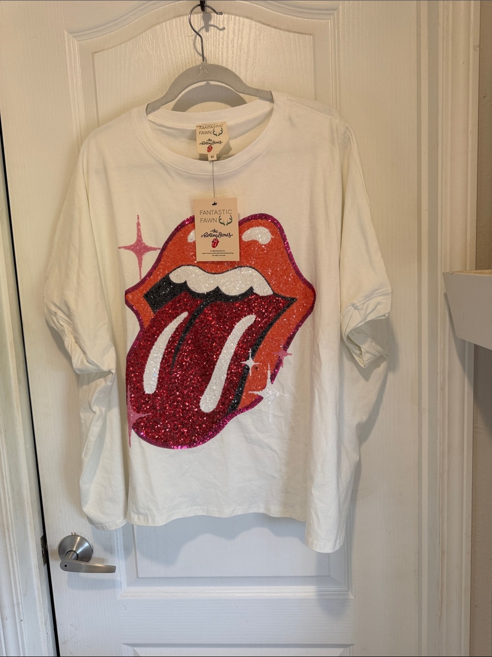 Fantastic Fawn White Tee with Glitter Red-Pink Tongue Graphic